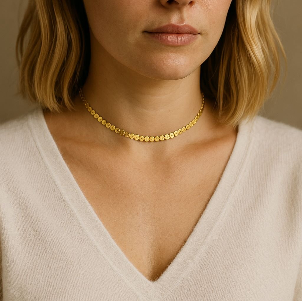 femme avec collier ras du cou doré 