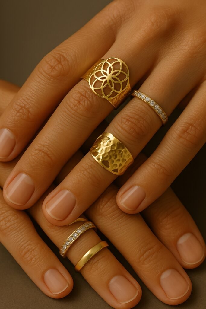 main avec bagues superposées