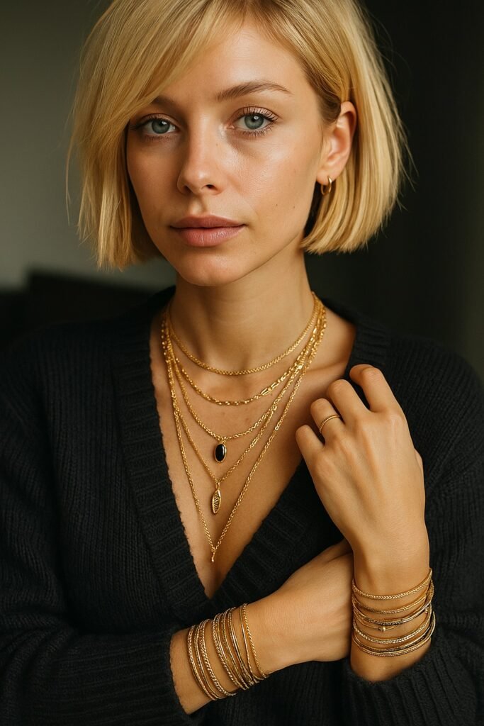 femme avec colliers multirangs 